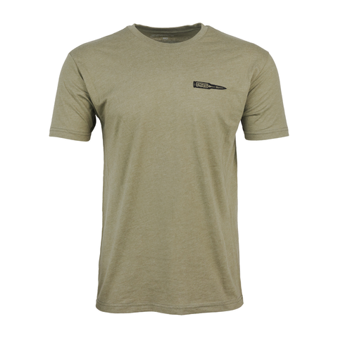 Light olive tee with bullet graphic on left chest with text "PRS"