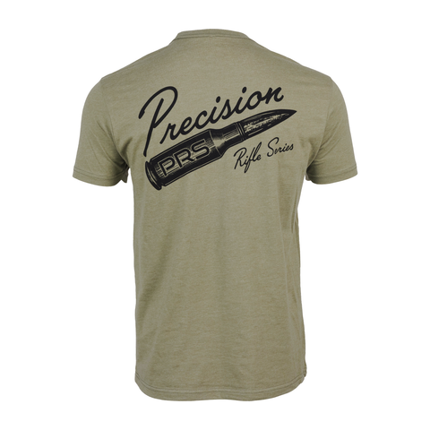 rear view of light olive tee with graphic of bullet with text "Precision Rifle series PRS"