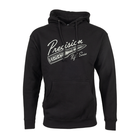 black hoodie with graphic of bullet on front with text "Precision Rifle Series PRS"