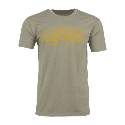 light olive tee with yellow retro sign graphic on front with text "PRECISION RIFLE SERIES CHAMPIONSHIP SHOOTING SERIES"