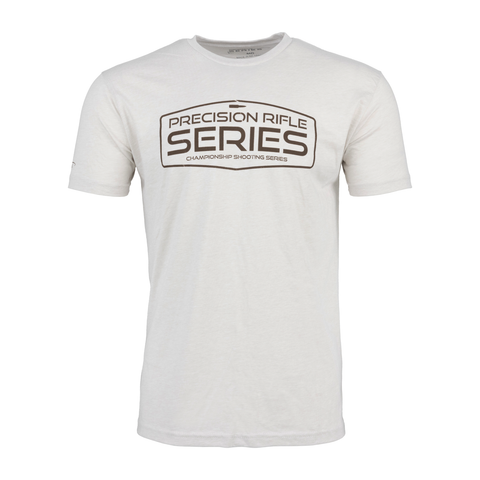 Sand tee with dark grey retro sign graphic on front with text "PRECISION RIFLE SERIES CHAMPIONSHIP SHOOTING SERIES"