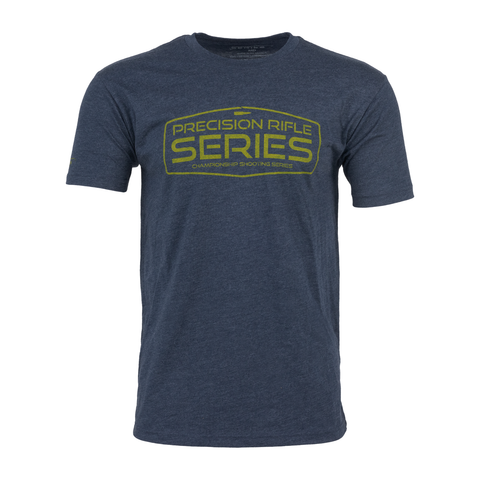 midnight navy tee with yellow retro sign graphic on front with text "PRECISION RIFLE SERIES CHAMPIONSHIP SHOOTING SERIES"