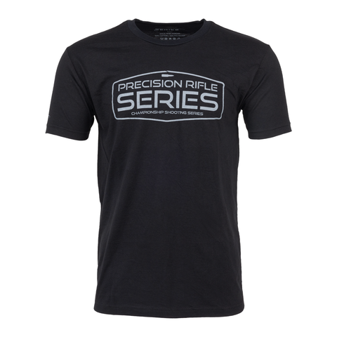 Black tee with grey retro sign graphic with text "PRECISION RIFLE SERIES CHAMPIONSHIP SHOOTING SERIES"