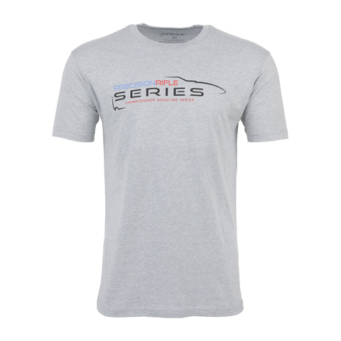 dark heather grey tee with Full color PRECISION RIFLE SERIES CHAMPIONSHIP SHOOTING SERIES logo on chest