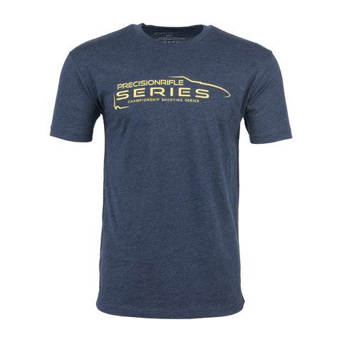 Midnight navy tee with yellow PRECISION RIFLE SERIES CHAMPIONSHIP SHOOTING SERIES logo on chest