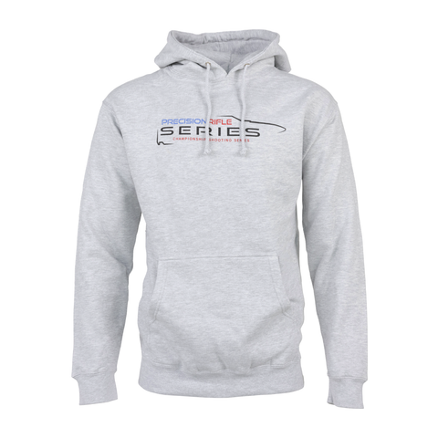 Grey Heather hoodie with Full color PRECISION RIFLE SERIES CHAMPIONSHIP SHOOTING SERIES logo on chest